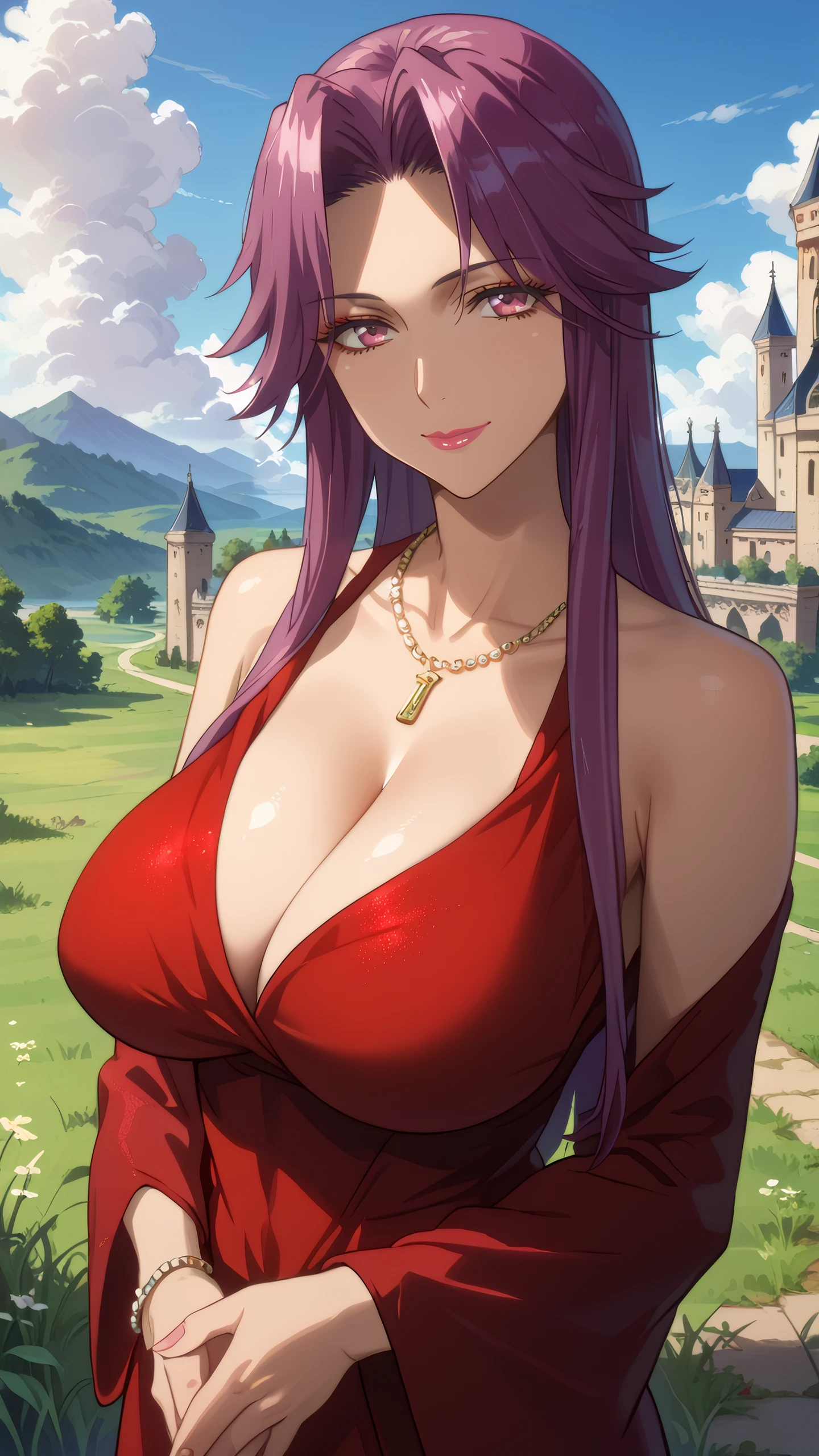 score_9, score_8_up, score_7_up, 1girl, looking at viewer, cowboy shot, 
<lora:Yuriko_Takagi_Dwnsty:0.8>, yuriko_takagi, pink eyes, purple hair, long hair, jewelry, necklace, lipstick, makeup, red dress, bare shoulders, 
mature female, large breasts, skindentation, lips, light smile, own hands together, head tilt, 
outdoors, blue sky, cloud, mansion, grass, landscape,