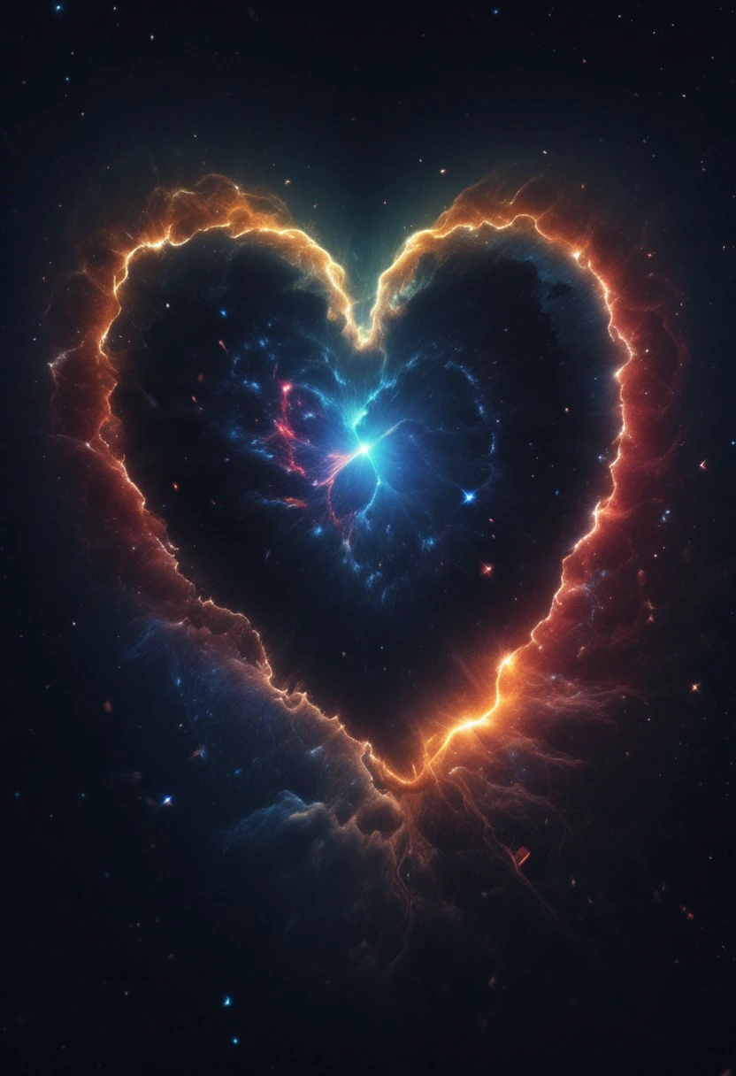 very dramatic lighting, behind is a universe of love. hearts, rainbows. contrasting colors, epic, fantastical, shine, toning, stars, galaxy,  epic movie poster image.