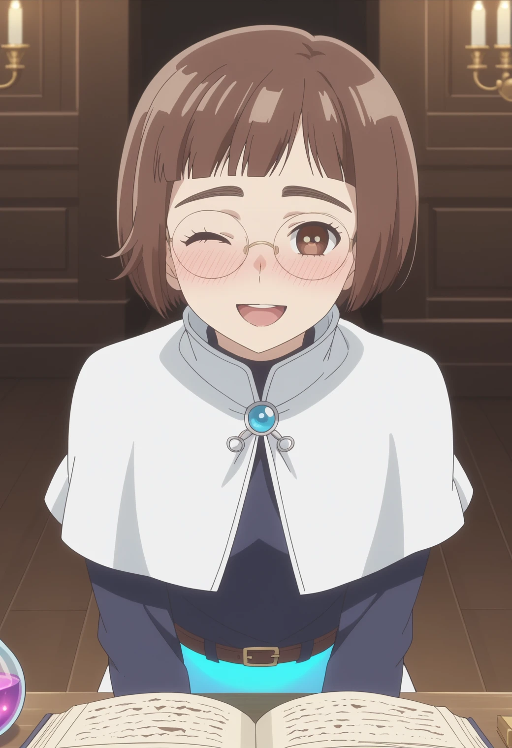 score_9, score_8_up, score_7_up, anime screencap, BREAK, 1girl, solo <lora:DX888Kazusa:1> onodera kazusa, brown eyes, brown hair, thick eyebrows, bob cut, micro bangs, BREAK
 heart-shaped pupils, open mouth, open mouth, happy , smile, moaning, one eye closed, full-face blush,, in a magical library, medieval , gothic architecture,  dim lighting,  night, book,, alchemist, potion belt, glowing potion,  round glasses,  high collar,  capelet, utility belt, white coat, hanging scroll, asymmetrical legwear,