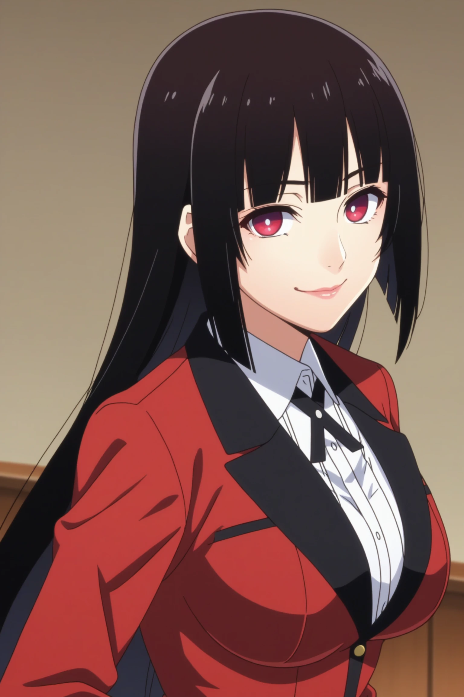 jabami yumeko, long hair, black hair, bangs, himecut, red eyes, hyakkaou academy school uniform, long sleeves, red nails, nail poilsh, blazer, red jacket, suit jacket, white shirt, collared shirt, black neck ribbon, black skirt, plaid skirt, pleated skirt, black pantyhose, loafers, <lora:Yumeko_Jabami:0.8>, score_9, score_8_up, score_7_up, score_6_up, score_5_up, source_anime, rating_safe, medium breasts, indoors, 1girl, solo, looking at viewer, <lora:age_slider_v4:2>, (upper body:1.2), (anime screencap:1.4)