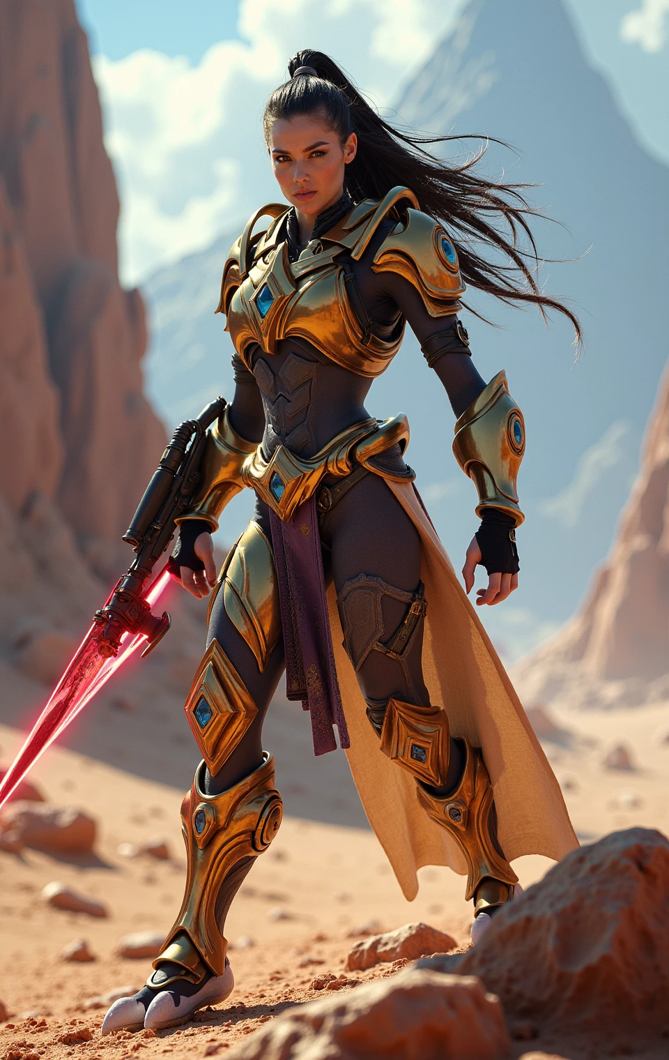 protosszealot,dynamic photo of a female warrior battle pose,standing on alien planet