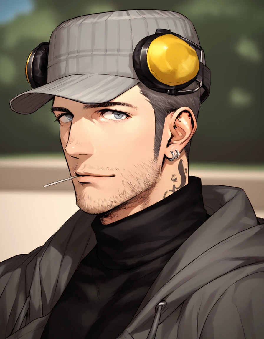 score_9, score_8_up, score_7_up, detailed, high quality eyes, outdoors
BREAK <lora:Persona 5 - Iwai Munehisa - Pony_epoch_13:0.9>, (m_iwai, grey hair, mature male, grey eyes, short hair, stubble, neck tattoo, hat, ear protection, earrings, black turtleneck, dark grey long coat, jeans, boots, handsome face, detailed face), sitting in park, looking at viewer, feet out of frame, lollipop in mouth, close-up, facing left