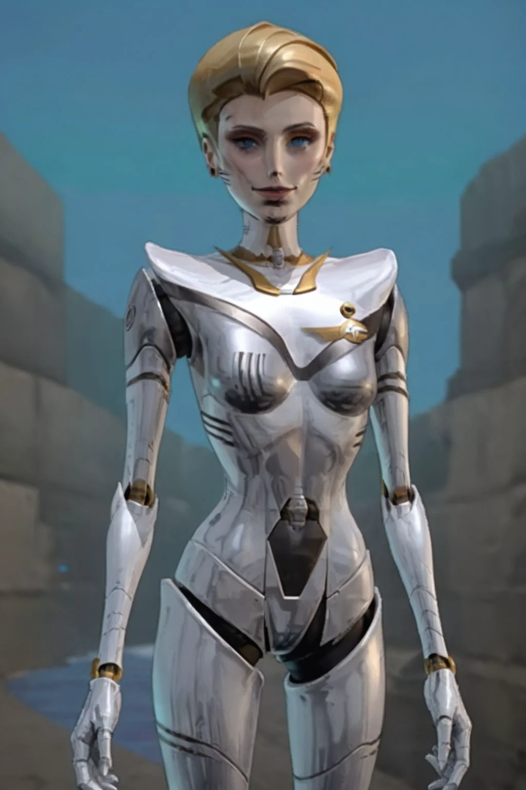 score_9, score_8_up, score_7_up, masterpiece, high quality, highres RAW photo,
solo, maxinereboot, 1girl, robot, made of chrome metal, metal body, metal face, chrome, blonde hair, short hair, blue eyes, <lora:MaxineReBoot_Pony-000009:0.9>
(slender body, petite:1.2), sexy, eye contact, tiny waist, sensual, seductive look, happy, smile, smiling, (sexy pose, standing)
((futuristic science fiction))