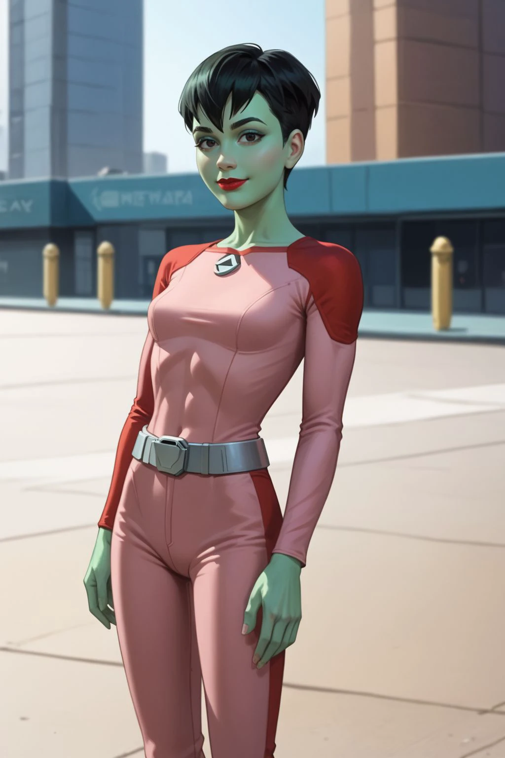 score_9, score_8_up, score_7_up, masterpiece, high quality, highres RAW photo,
solo, dotmatrixreboot, 1girl, black hair, short hair, alien, colored skin, green skin, lipstick, red and pink jumpsuit, metal belt, <lora:DotMatrixReBoot_Pony-000009:0.65>
(slender body, petite:1.2), sexy, eye contact, tiny waist, sensual, seductive look, happy, smile, smiling, (sexy pose, standing)
((futuristic science fiction))