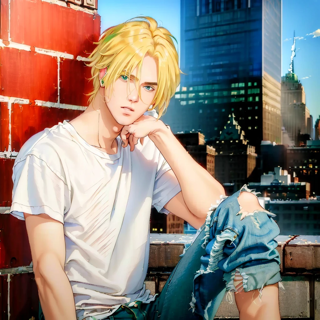 (best quality, high quality, masterpiece:1.3),, <lora:Ash:1>, Ash in new york city at dawn, wearing a white shirt, ripped jeans and red high tops,. blond hair, green eyes <lora:muscle_slider_v1:-1>