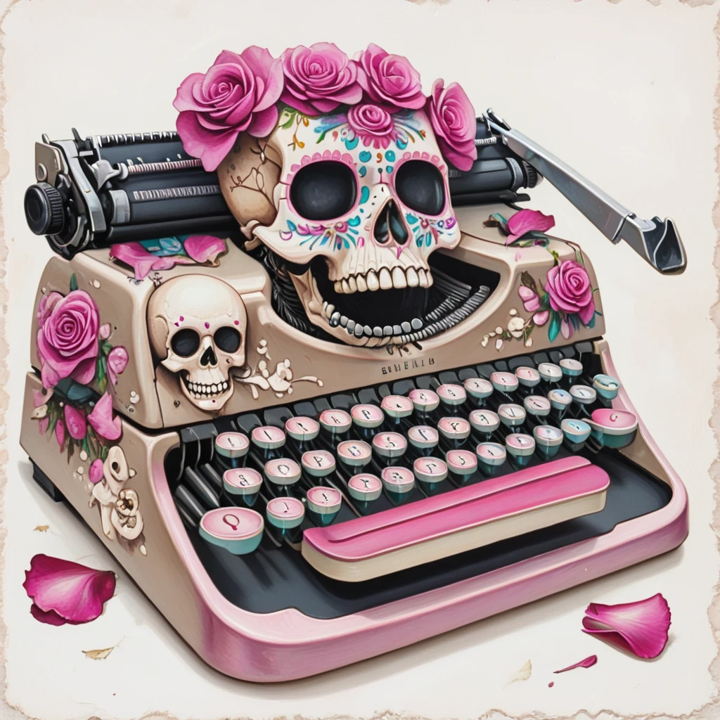 <lora:Vibrant_Calavera_r1:1> ArsMJStyle, Vibrant Calavera, The image is a digital illustration of an old-fashioned typewriter with a skull on top of it. The typewriter is pink in color and has a floral design on the body. The skull is white with colorful flowers and leaves on its face. It is surrounded by two pink roses on either side of the typewriter. The keys are black and there are a few rose petals scattered around the keys. The background is a light beige color. The overall style of the illustration is whimsical and vintage., no humans, skull, flower, weapon, gun, pink flower, still life, white background, simple background, rose