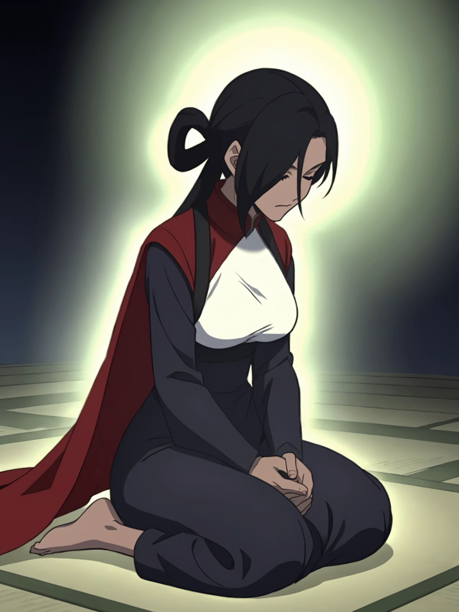 solo, black hair, 1girl, closed eyes, hair over one eye, dark background, meditating, sitting, white tanktop, black dress, long dress, medium breasts, red cape, pauldron, straps, long sleeves, hair rings, dark skin, anime screencap, magic, colored lights, barefoot <lora:unrulyheir_sohong:0.8>