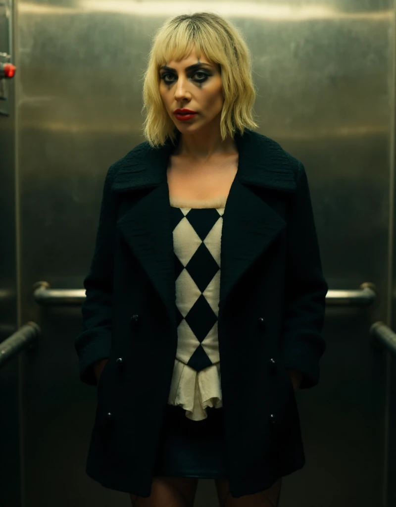 full body view of Quinn is a blonde woman with makeup and red lips, black jacket, she is in a lift  <lora:Quinn:0.9>