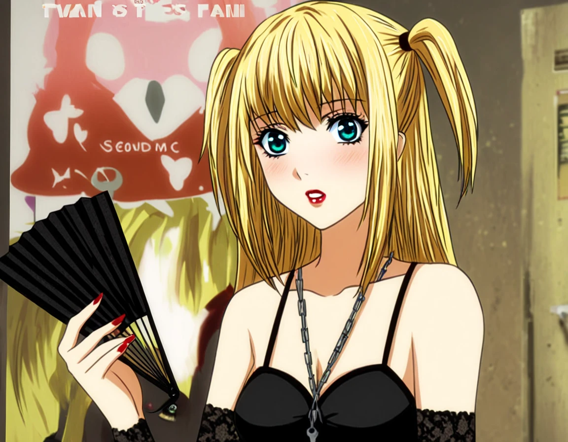 1girl, misa amane, blonde hair, black bra top, pig tails, standing, horny, black dress, poster cover, fan art, intro, <lora:perfect-eyes:1>, perfecteyes, <lora:misa_amane-step00005000:1>