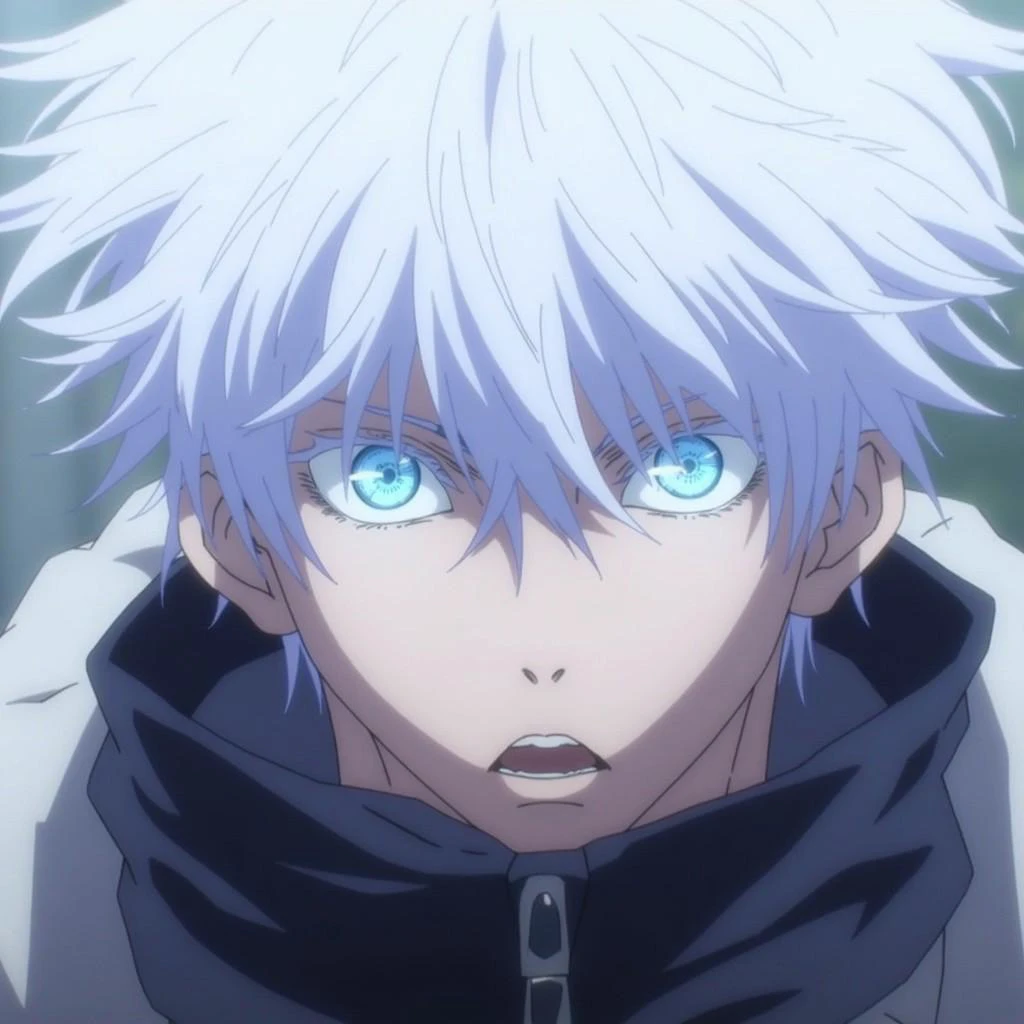 This is a digital illustration in an anime style, featuring a young male character with an intense and focused expression. He has an androgynous appearance with pale skin and striking, strikingly bright blue eyes that stand out vividly against his white hair, which is tousled and somewhat messy. The boy's hair is styled in a chaotic, voluminous manner, giving him a youthful, anime aesthetic. His eyes are the primary focal point, with an otherworldly glow, adding a dramatic effect to his gaze.