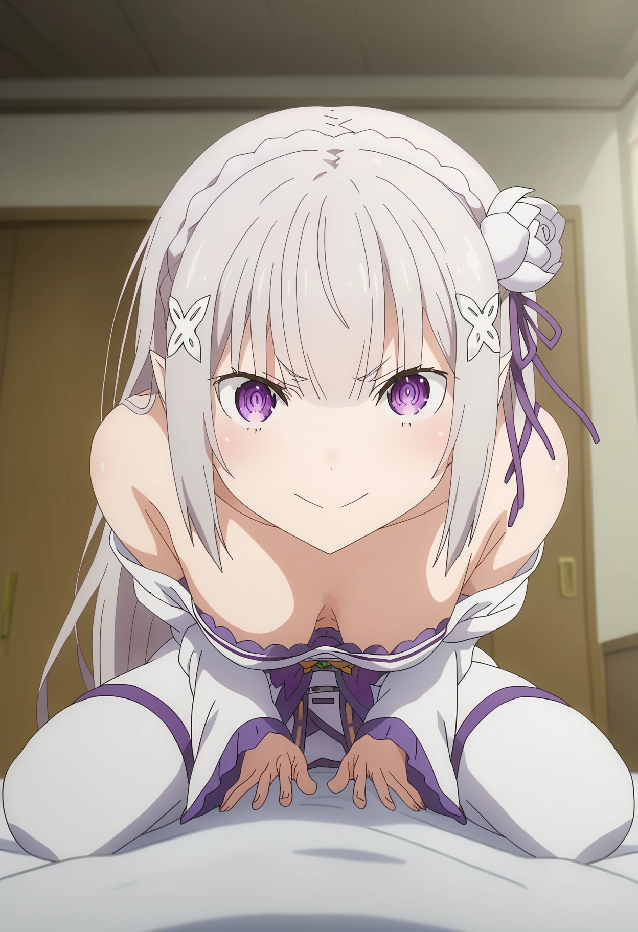 NSFW,(((1girl,1boy,sex,vaginal ))),looking at viewer,Hakuren,grey hair, short hair, braid, purple eyes,detailed eyes,growing eyes,detailed skin,detailed face,
white dress, collar, bare shoulders, elbow gloves, medium breasts, purple gloves,
smile, masterpiece ,8k unity wallpaper,anime key visual,highest quality, High resolution, unity 8k wallpaper, (shape:0.8),anime coloring,highly detailed face, shiny skin,fine skin,white skin,dense skin,detailed hair,highly detailed legs,perfect lighting, Detailed CG, (perfect hands, perfect anatomy),High resolution,(Detailed wear ),slender limbs, delicate curves, dainty hands,figure:0.8,(((white lace panties))),