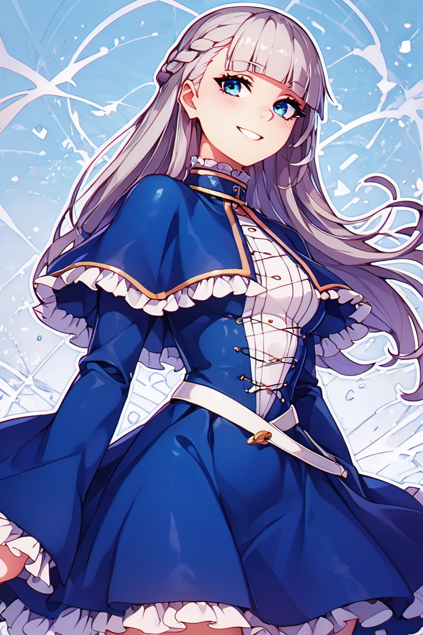 score_9, score_8_up, score_8, medium breasts, (curvy), cute, eyelashes,       BREAK, , zzLawine, long hair, braid, blue eyes, blunt bangs, grey hair, french braid, blue capelet, blue dress, long sleeves, frilled capelet,  <lora:LawineFrieren_PDXL_v1:0.8>, , BREAK, smile, looking at viewer, ,,, abstract background, white outline, cowboy shot, ,,, embedding:zPDXL, Expressiveh, ,,, <lora:CatalystStylePDXL:0.6>, <lora:SDXLFaeTastic2400:0.5>, <lora:Expressive_H-000001:0.4>,