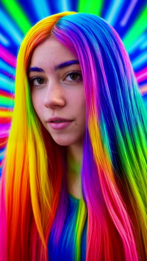 Extreme realism in a complex, highly detailed composition featuring a woman with extremely long flowing rainbow-colored hair. The glowing background, with its vibrant colors, exaggerated details, intricate textures, and dynamic lighting, creates a whimsical, dreamy atmosphere in photorealistic quality., <lora:dannespino:0.85> (dannespino),