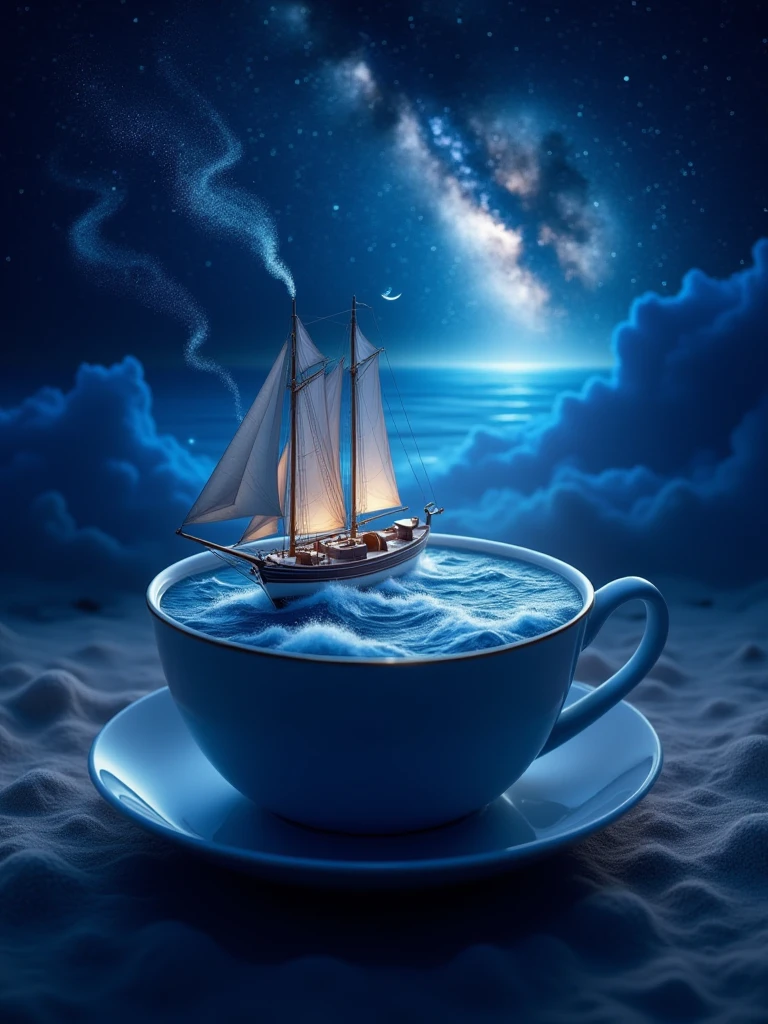 boat and sea in cup,dreamlike,night,glowing,