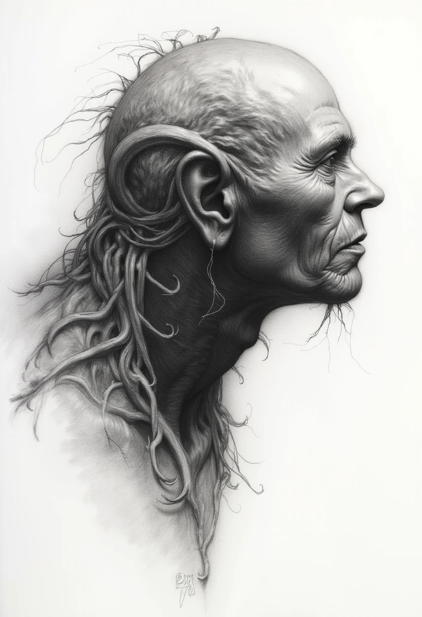 charcoal drawing strange creature by Pam Hawkes, drawing art style, expressive lines, dynamic composition