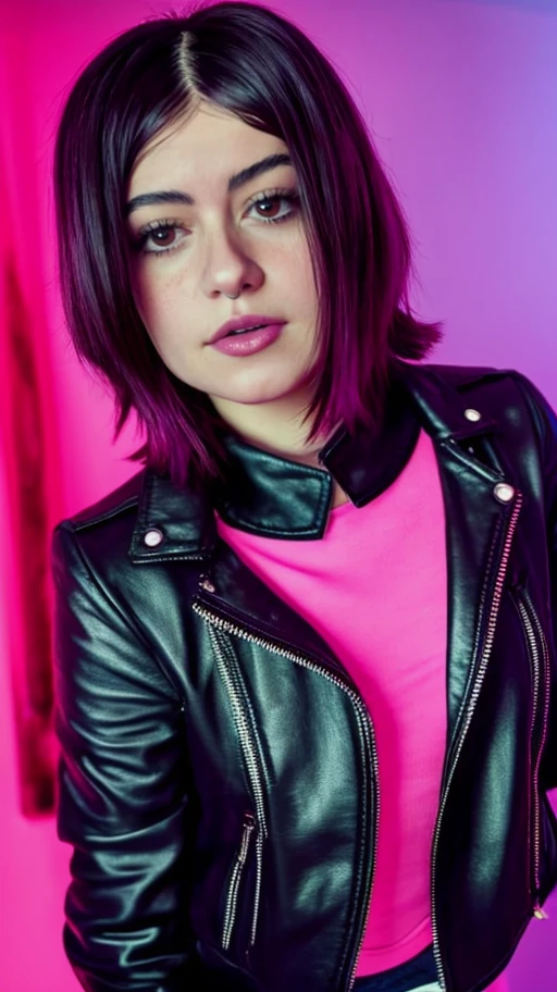 photo of my girlfriend wearing a short black leather jacket and a pink shirt, is wearing emo goth makeup in a portrait shot on a Hasselblad H3D-39, <lora:dannespino:0.95> (dannespino),