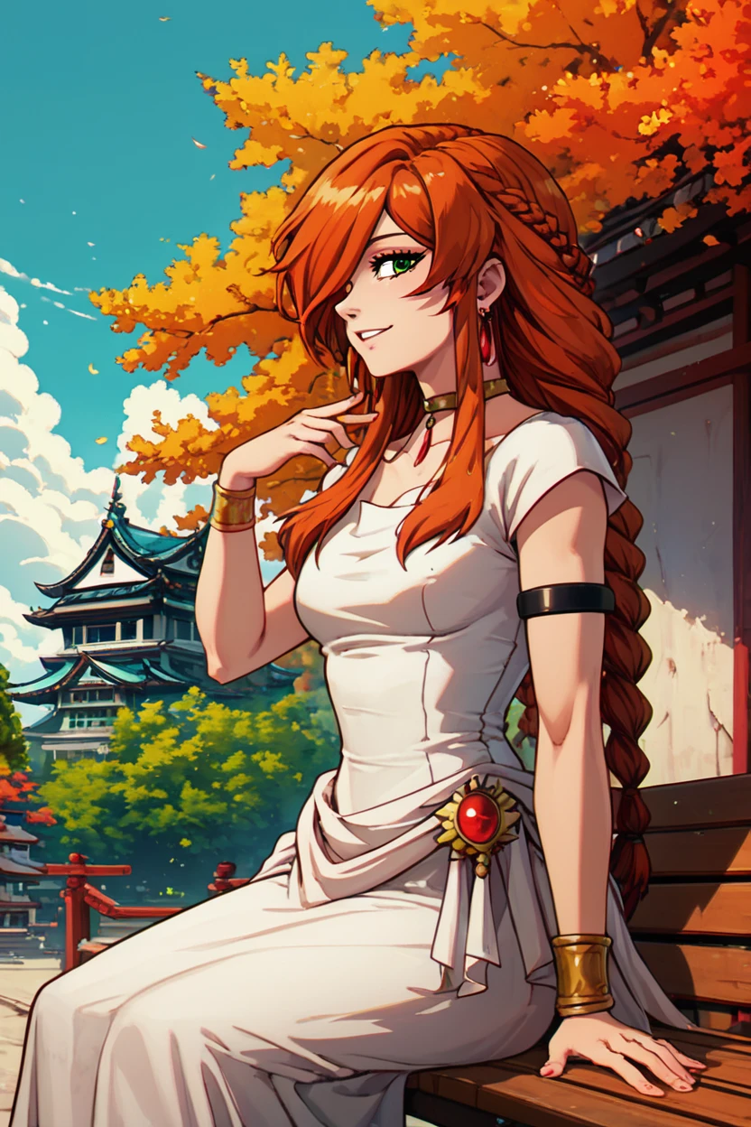 score_9, score_8_up, score_8, medium breasts, (curvy), cute, eyelashes,       BREAK, , zzFlamme, long hair, green eyes, brown hair, orange hair, hair over one eye, earrings, braid, collarbone, armlet, white dress, short sleeves, bracelet, choker, red hair <lora:FlammeFrieren_PDXL_v1:0.8>, BREAK, sitting on bench, side view, smile, looking at viewer, cowboy shot,  ,,, BREAK, pnkBldng, sky, day, cloud, tree, blue sky, building, architecture, east asian architecture,  ,,, BREAK, embedding:zPDXL, Expressiveh,  ,,, <lora:PinkBuildingsPDXL_v2:0.6>, <lora:SDXLFaeTastic2400:0.5>, <lora:Expressive_H-000001:0.4>