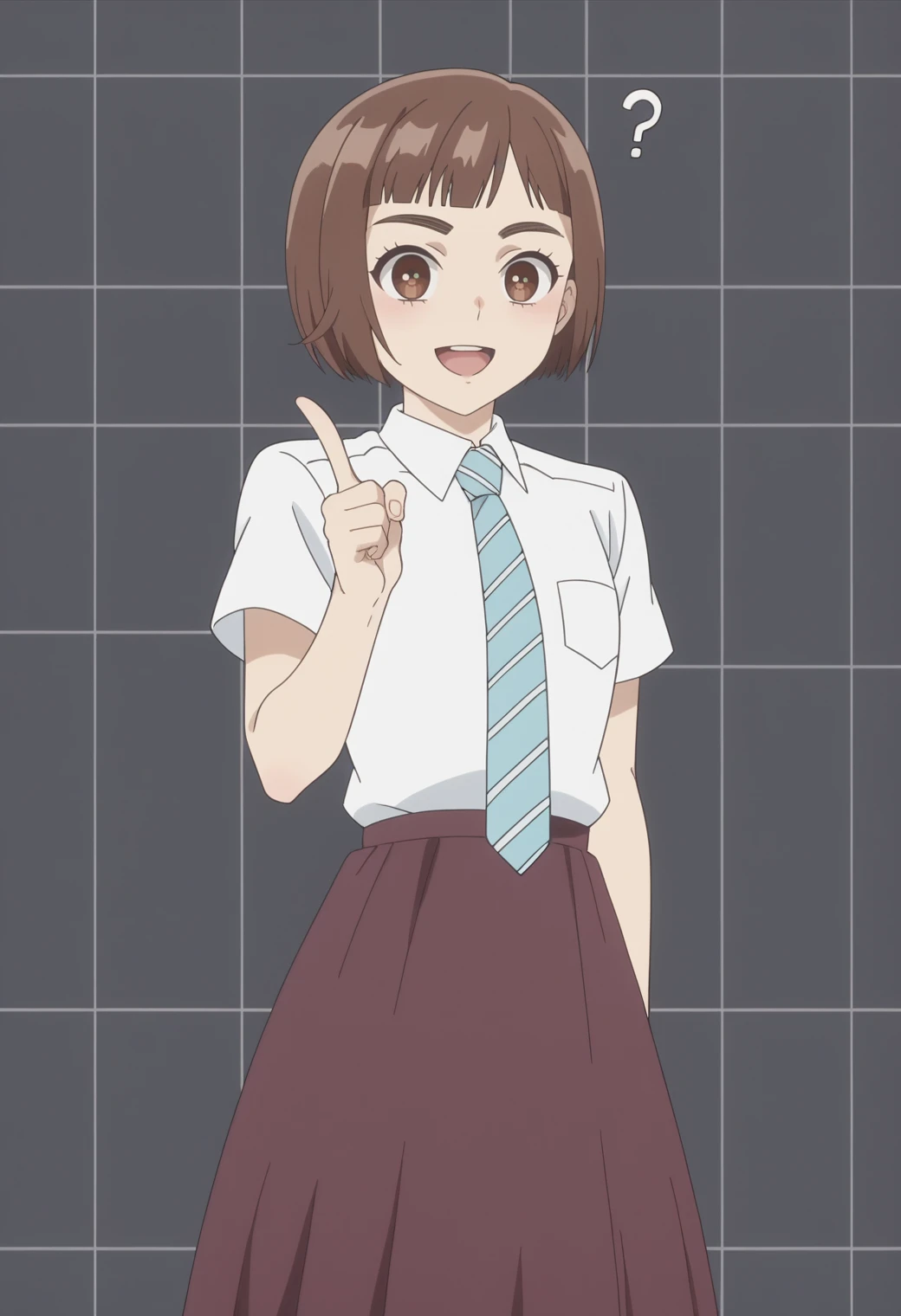 score_9, score_8_up, score_7_up, anime screencap, BREAK, 1girl, solo <lora:DX888Kazusa:1> onodera kazusa, brown eyes, brown hair, thick eyebrows, bob cut, micro bangs, school uniform, long skirt,  necktie, BREAK
 open mouth,  !?, confused , perplexed , confused,  ..., . . ., weary smile,, dark gray background, simple background, grid background,,  Pointing two fingers to eyes, then at you