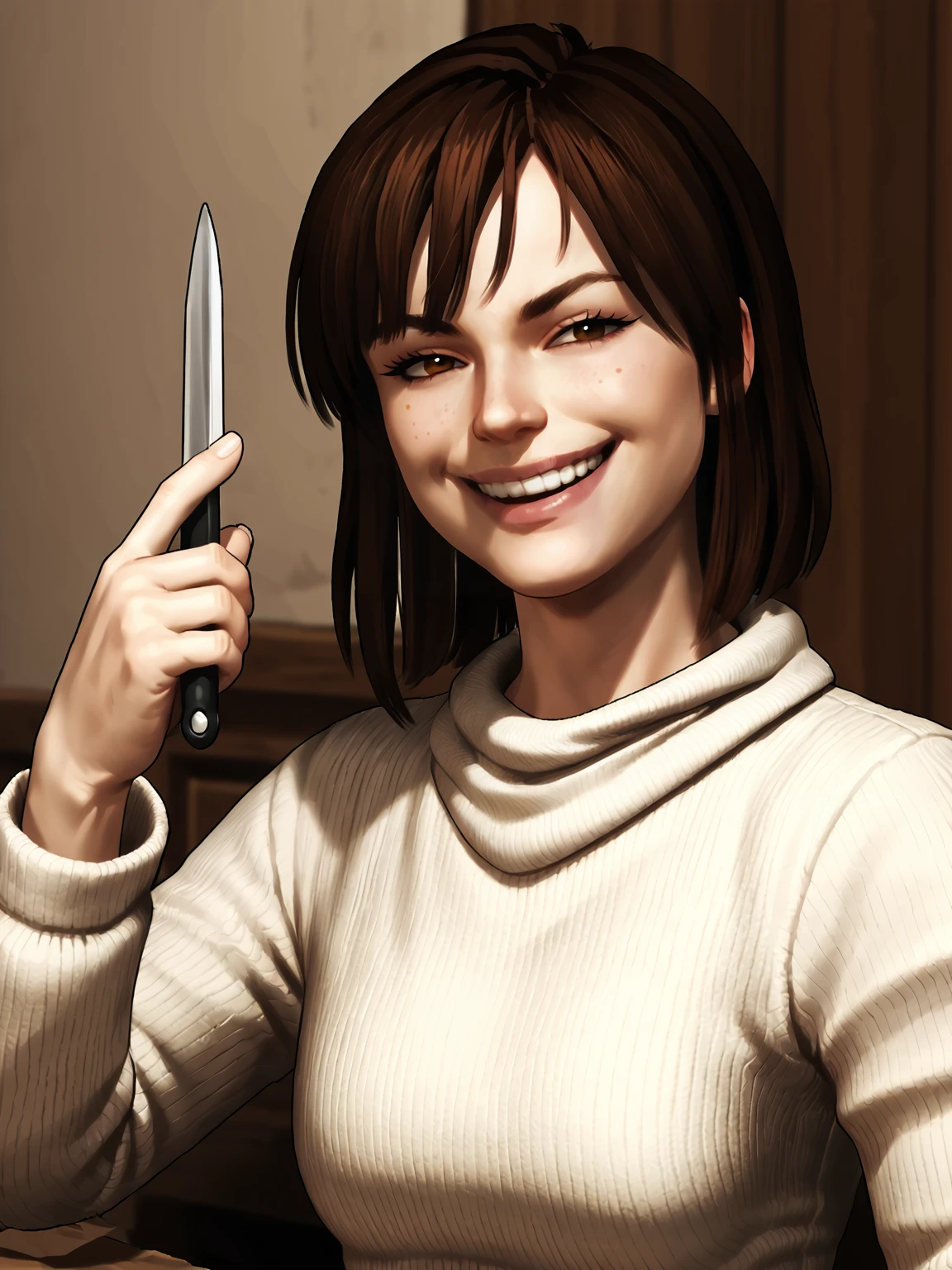 source_3d, score_7_up, <lora:Angela Orosco (Silent Hill 2):0.85> sh2angela, brown hair, smiling, face, smug, holding knife, knife against finger, knife on finger tip