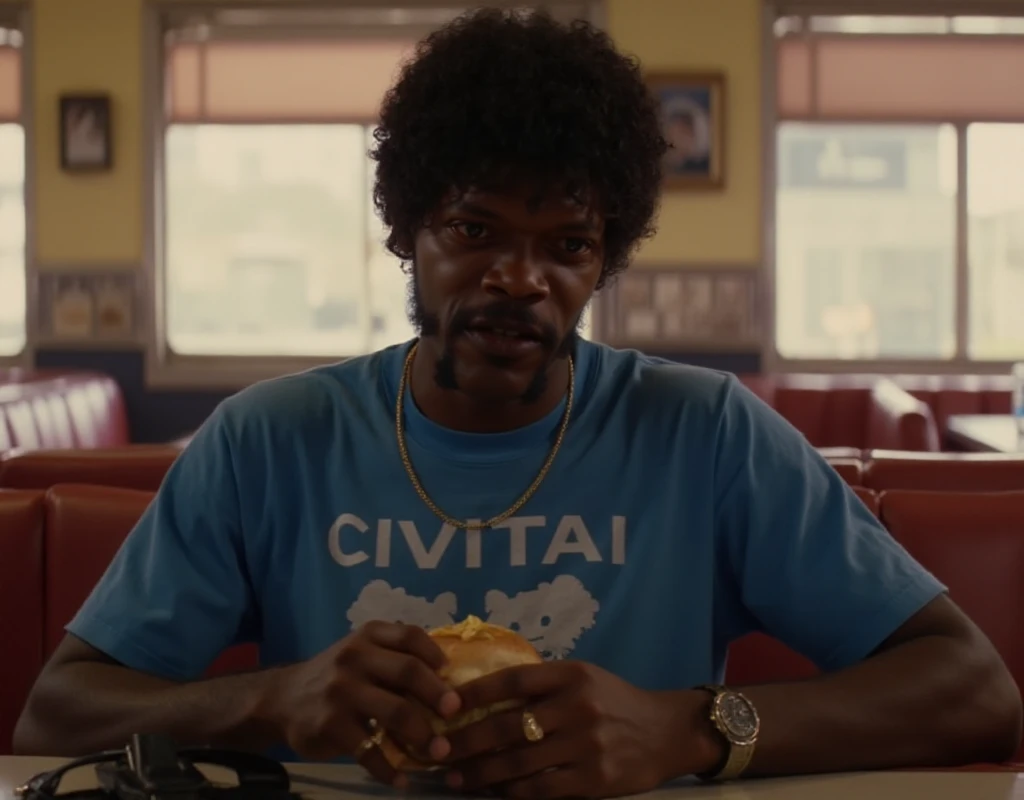 Jules Winnfield wearing a blue tshirt with the text "CIVITAI" and a gold chain and having a black suitcase. He is having a hamburger in a vintage diner <lora:Jules_Winnfield:0.9>