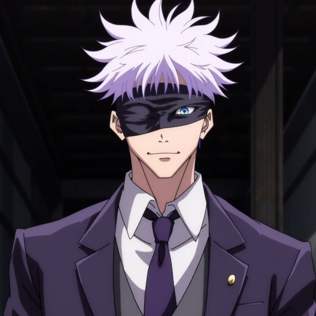 The image is a digital illustration in an anime style, depicting a character from the popular anime series "Jujutsu Kaisen." The character is a young man with an athletic build, standing confidently with a slight tilt of the head. He has short, spiky white hair with a slight lavender tint, styled with a high pompadour, and his face is obscured by a black bandit mask that covers his eyes. His eyes, visible through the mask's eyeholes, are dark and serious.