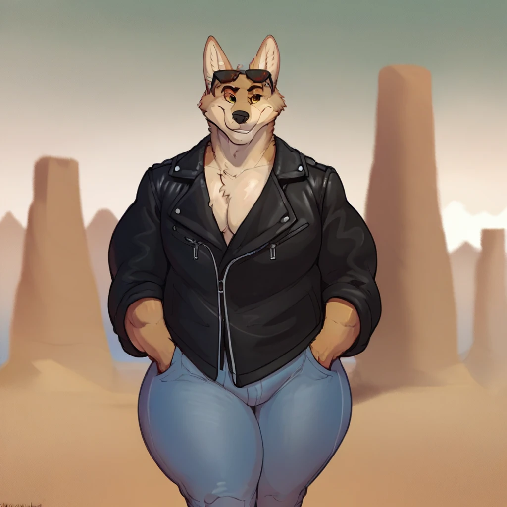 score_9, score_8_up, score_8, furry, SCP-2547, coyote, cartoon style, 2d, muscular male, huge pecs, thick thighs, wide hips, sunglasses on head, solo, leather jacket, jeans, standing, hands in pockets, smile, outside, desert