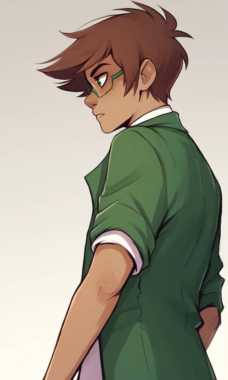 score_9, score_8_up, score_7_up, source_anime, anime illustration, masterpiece, best quality, lots of details, BREAK
1boy, solo, 18 years old, femboy:0.1, adult, jakeenglish, freckles, green eyes, brown hair, short hair, tan, green jacket, white shirt, side view, from below