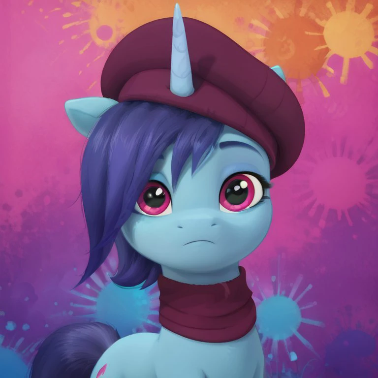 score_9, score_8_up, score_7_up, score_6_up, score_5_up,with beautiful, detailed, (detailed cute pony face), detailed eyes, detailed fur, beautiful, vector, flat colors, (abstract background: 1.8), (looking at you, looking at viewer: 1.5),tired ((close-up)), wide angle
<lora:Onyx:1>Onyx,pony,unicorn, blue body ,scarf, hat, the eye is covered by the bangs,  solo, 
<lora:Wholesome_MLP-v1.2:1> <lora:OtherStyle_01:1>