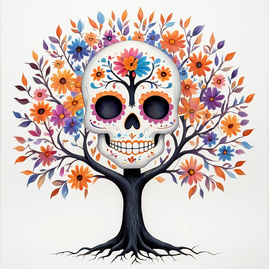 <lora:Vibrant_Calavera_r1:1> ArsMJStyle, Vibrant Calavera, The image is a colorful illustration of a sugar skull with a tree-like design. The skull is in the center of the image and is surrounded by a variety of colorful flowers and leaves in shades of orange pink blue and purple. The tree has a black trunk and branches that are intertwined with the skull. The flowers are arranged in a symmetrical pattern around the skull creating a sense of balance and harmony. The background is white making the colors of the tree and skull stand out. The overall style of the illustration is reminiscent of the Day of the Dead or Mexican holiday., flower, white background, no humans, traditional media, simple background, orange flower, tree, leaf, painting (medium), pink flower