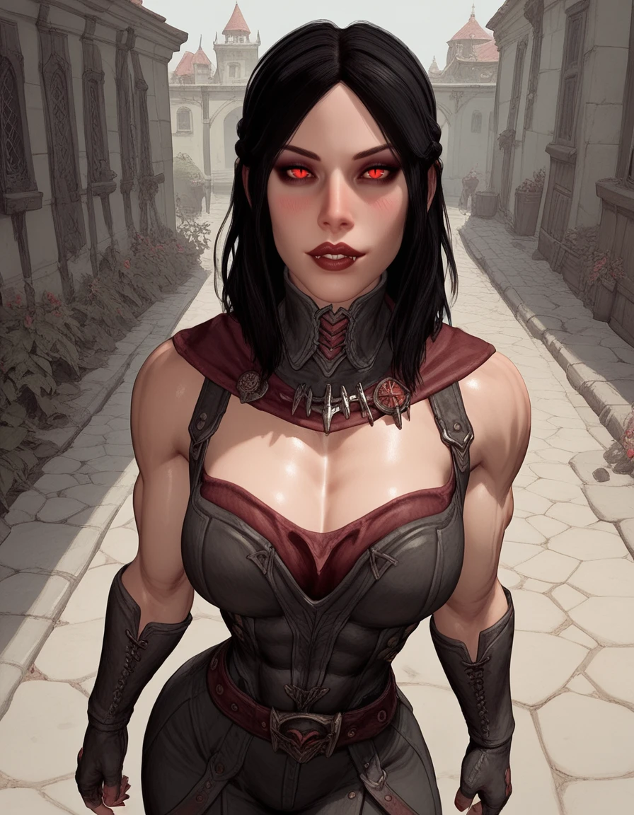 miraKI,black hair,yellow eyes, single hair bun,  short hair, 
armor,black corset,cape,cleavage,clawed gauntlets,
outside,night,castle,
standing,upper body, 
(insanely detailed, beautiful detailed face, masterpiece, best quality), solo, <lora:miraKI:0.8>,
