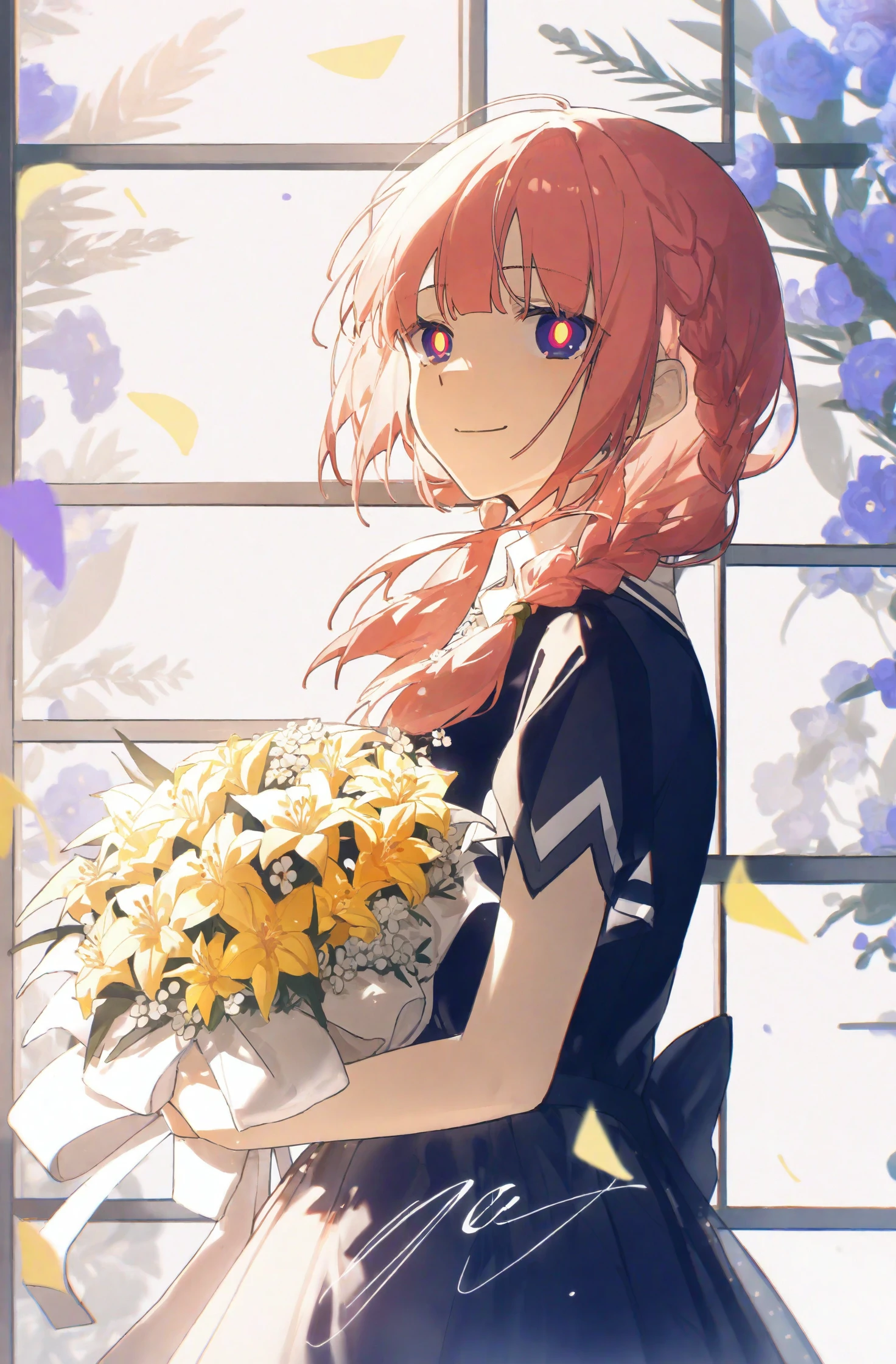 masterpiece, best quality, illustration, konya karasue, 1girl, kaf \(kamitsubaki studio\), solo, bouquet, flower, virtual youtuber, holding bouquet, looking at viewer, pink hair, dress, holding, braid, short sleeves, black dress, smile, blue eyes, yellow pupils, long hair, closed mouth, multicolored eyes, signature, from side