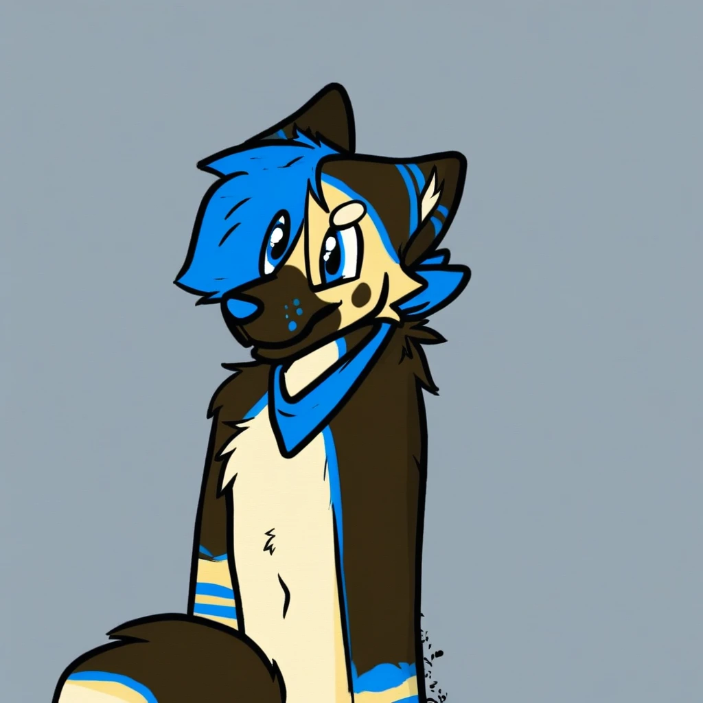 e6top150, grainy, portrait, symmetric, upper body, (bright colorful Navy blue eyes:1.1), markings, furry male, body fur, anthro Fox, solo, Cartoon, (best quality, masterpiece:1), detailed, Super flat chest, Gray fur, Thicc thighs,  Wide hips, Large butt, Calm face, (retro gradient background:1.2), wearing Blue Tunic with White accent, Monochromatic colors, 