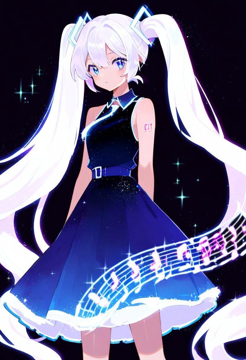 score_9, score_8, score_7, source_anime, ai-generated encore (meme), solo, 1girl, bare shoulders, standing, white hair, twintails, sleeveless, hatsune miku, dress, very long hair