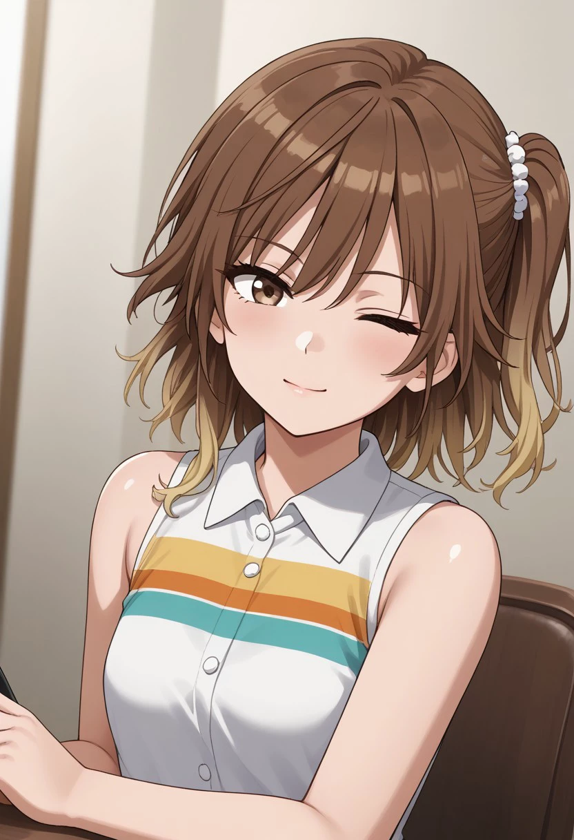 (masterpiece), best quality, expressive eyes, perfect face, mikoto_a,(( brown hair)), blonde hair, gradient hair, side ponytail, one eye closed, shirt, striped shirt, sleeveless shirt, collared shirt