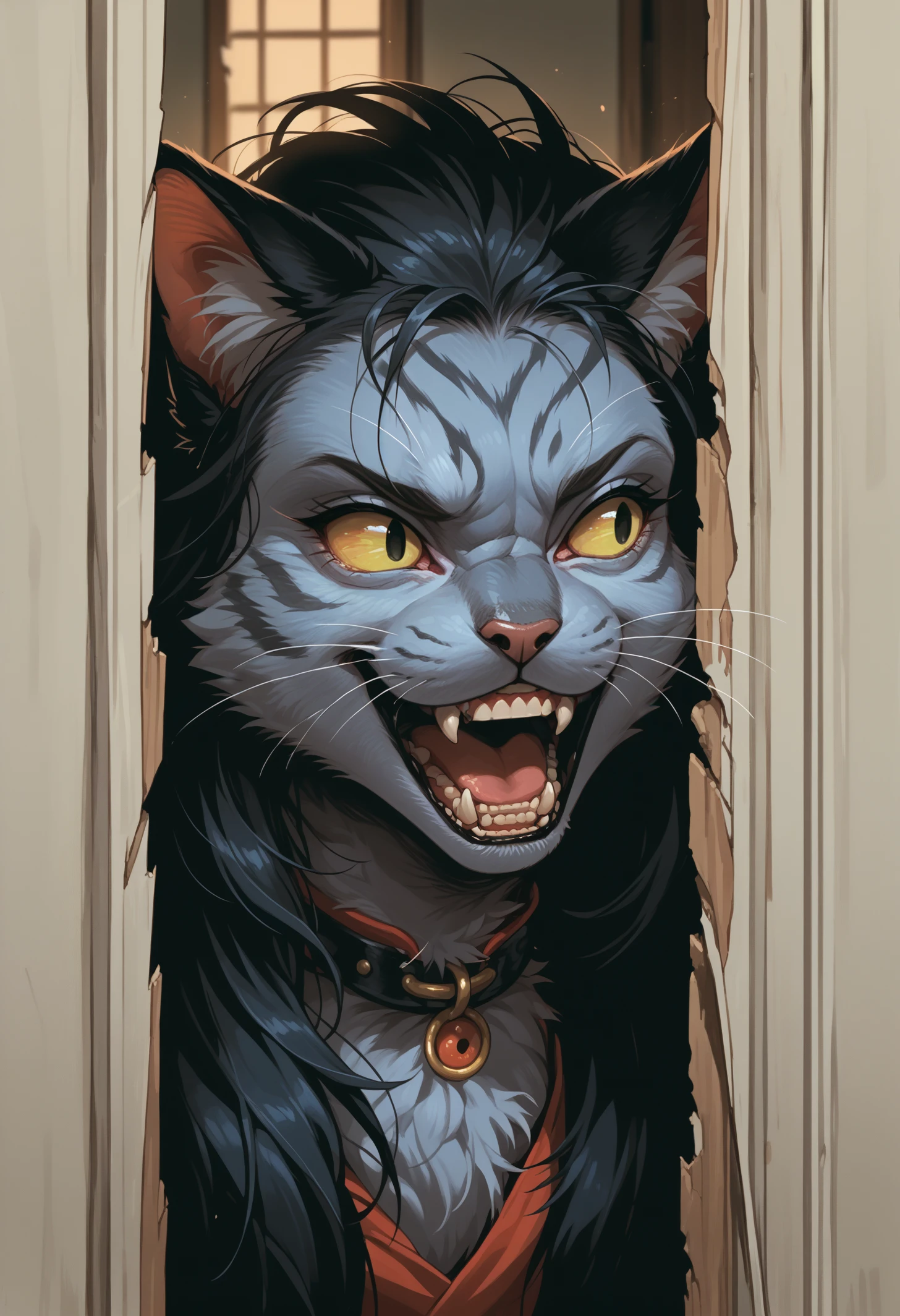 score_9, score_8_up,score_7_up, source_anime, 1other, animal, solo, hrsjhy,  open mouth, clenched teeth, evil grin, broken door, door, looking to the side, portrait, no humans, 
cat, cat ears, big hair, fur
<lora:hrsjhy_pdxl_EliPot:1>