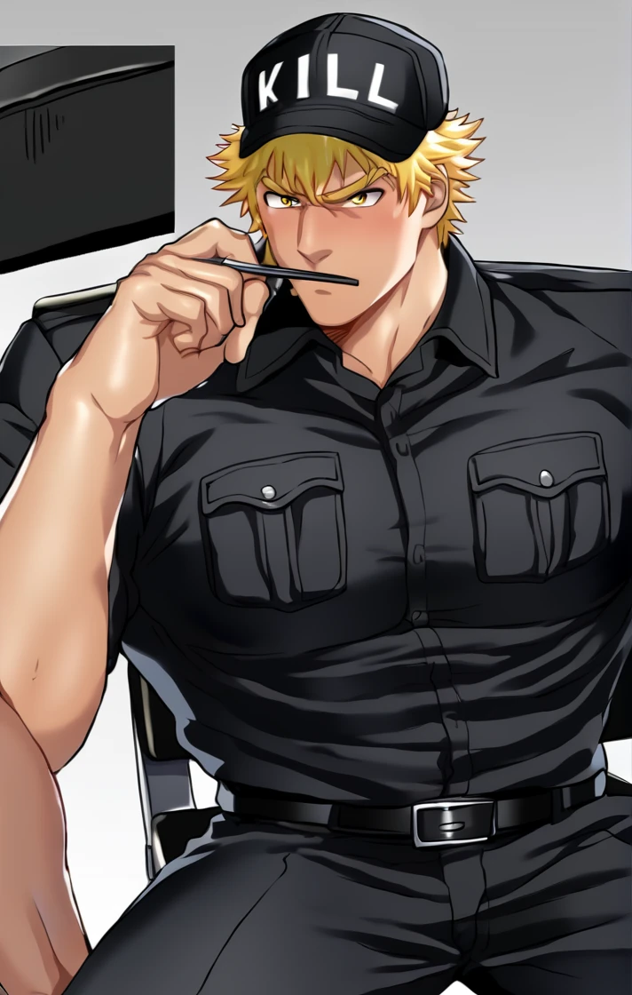 <lora:KillerTCellXL:1> anime coloring, 1man, manly, solo, bara, male focus, KillerTCell, blonde hair, yellow eyes, black military uniform, black belt, pants, cap, angry, close mouth, sitting over chair, office background,