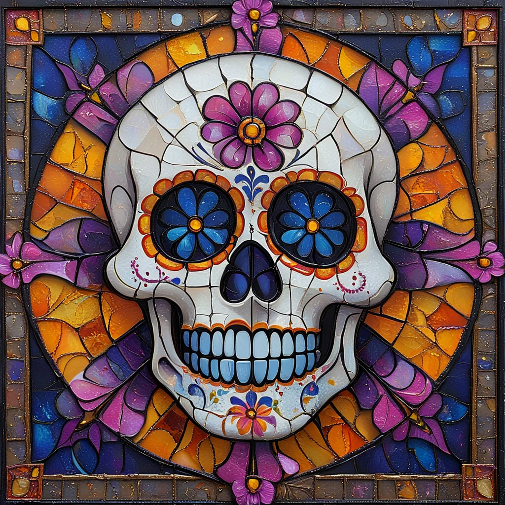 <lora:Vibrant_Calavera_r1:1> ArsMJStyle, Vibrant Calavera, The image is a square-shaped painting of a skull in the center of a circular frame. The skull is white with intricate patterns and designs on its face and upper body. It has two large pink and purple flowers on its forehead and two smaller pink and orange flowers on either side of its eyes. The background is made up of different shades of blue orange and yellow creating a mosaic-like effect. The frame is made of a dark blue material with a gold border. The overall style of the painting is reminiscent of the Day of the Dead or Mexican holiday., no humans, stained glass, teeth, traditional media, solo, grin