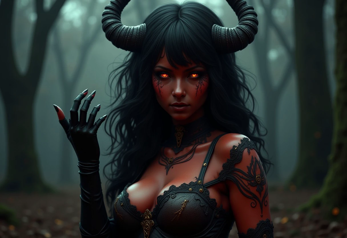 Succubus with (red #2a0000 colour skin:1.3), alluring woman yet dangerous, (flowing black hair horns made from black hair:1.5), dark and eerie. 
(Intense red eyes:1.3) glowing slightly, framing an angular face with mouth open slightly showing vampire fangs which are sharp and predatory. 
her head to knees are in frame.
(Gothic leather lingerie:1.4), highly detailed, with intricate (dark lace and gold metal accents:1.3), revealing but armored with an imposing presence. 
Long (black leather gloves:1.2) extending to the shoulders, tightly fitted, with sharp clawed fingertips. 
Her legs, (satyr-like:1.5), transitioning into (hooves:1.3), adding to her demonic nature.
(Smoky eyes:1.2) with dark, winged eyeliner, giving her a sultry, intense gaze. 
She stands in a dark eerie gothic forest graveyard with, casting long shadows and smoky atmosphere.
Her demeanor is seductive, confident, and dangerous, exuding dominance and mysticism, ensure the woman embodies a sexy woman posing seductively and enticing the viewer, alluring yet sensual sultry expression, highlight her curves.
The scene is extremely high detailed, ultra-realistic, 4k, 8k, and (darkly atmospheric:1.5), emphasizing contrast between the soft glow from her skin and the deep shadows of the setting. Cinematic lighting, dramatic shadows, and vivid details.