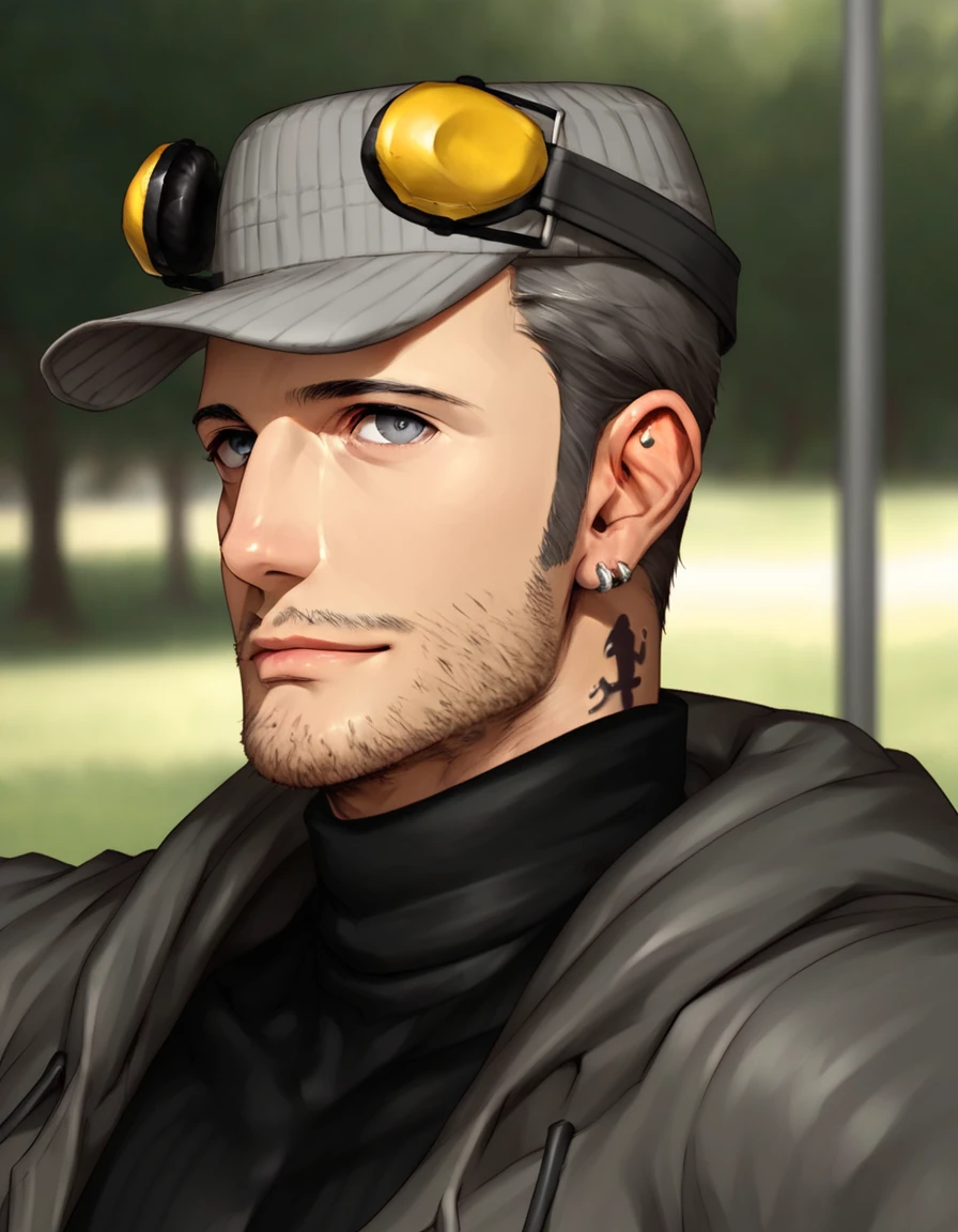 score_9, score_8_up, score_7_up, detailed, high quality eyes, outdoors
BREAK <lora:Persona 5 - Iwai Munehisa - Pony_epoch_13:0.9>, (m_iwai, grey hair, mature male, grey eyes, short hair, stubble, neck tattoo, hat, ear protection, earrings, black turtleneck, dark grey long coat, pants, boots, handsome face, detailed face), sitting in park, looking at viewer, feet out of frame