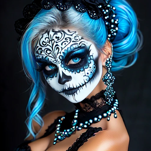 <lora:Vibrant_CalaveraSD1:1> ArsMJStyle, Vibrant Calavera, The image is a close-up portrait of a woman's face and upper body. She has blue hair styled in a dramatic updo with a black headband on top. Her face is painted with intricate sugar skull makeup with white and black designs on the face and black and white lines and swirls. The eyes are painted with blue eyeshadow and black eyeliner and her nose and mouth are painted black. She is wearing a black choker necklace and earrings with silver and blue beads. The background is dark making the makeup stand out even more. The overall mood of the image is dark and eerie., 1girl, solo, blue hair, blue eyes, jewelry, earrings, makeup, looking at viewer, facepaint, portrait