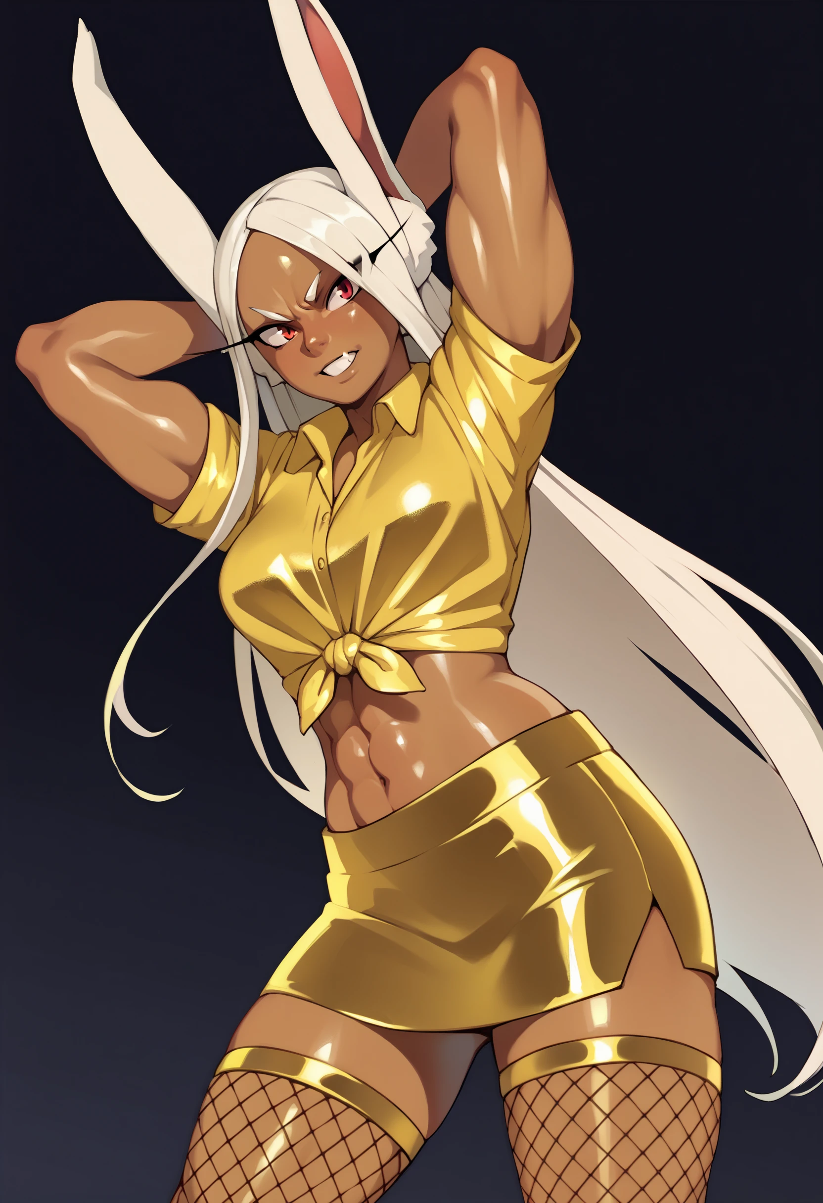 Storm_(x-men)+shihouin_yoruichi_fused together very_dark_skin White_hair bleach dark_skin +muscular_female 1girl ass bleach shunko_raijin_senkei_full_render_ blush breasts brown_eyes covered_navel dark_skin elbow_gloves gloves highres leotard limgae long_hair solo sweat thighhighs breasts dark-skinned_female dark_skin electricity