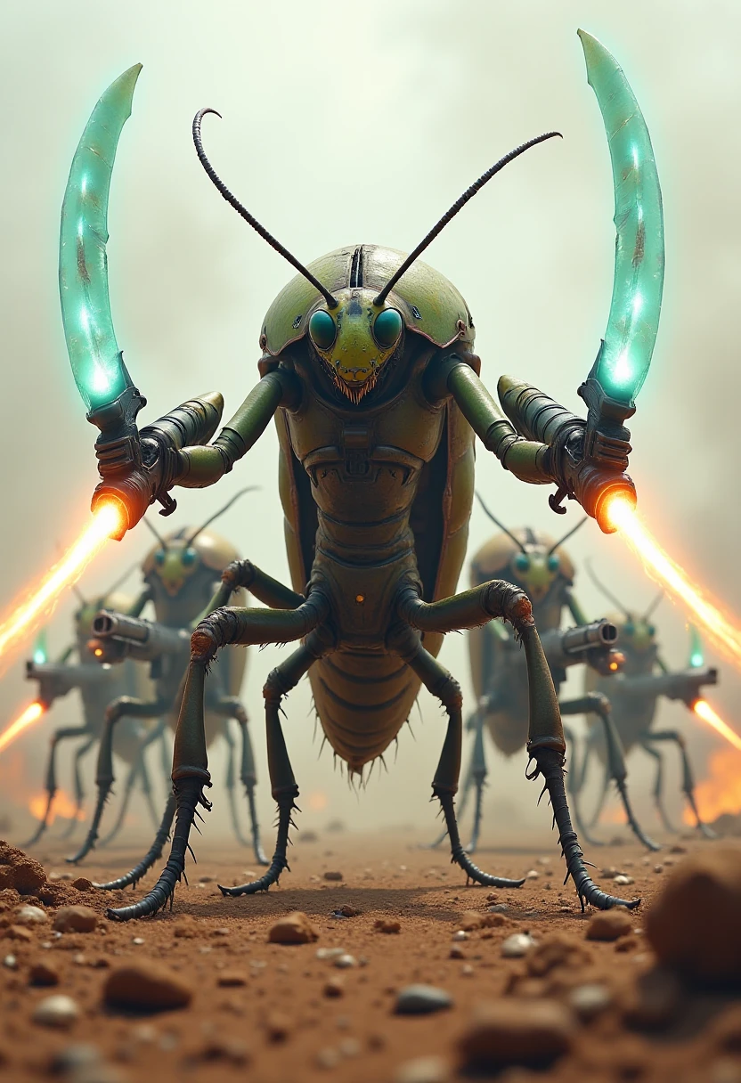 A squad of insect commandos, led by a towering mantis wielding dual energy katanas, is posed in a battle-ready stance. The mantis's sharp claws and the glowing swords create a dynamic contrast against the swarm of heavily armored beetles and ants behind it, armed with a mix of traditional human firearms like assault rifles and futuristic laser cannons. They stand in a desolate, war-torn landscape with crumbling structures in the distance, preparing for a final assault. The scene evokes a feeling of intense preparation, like something from a gritty, dystopian sci-fi war movie.  , InsectCommandos