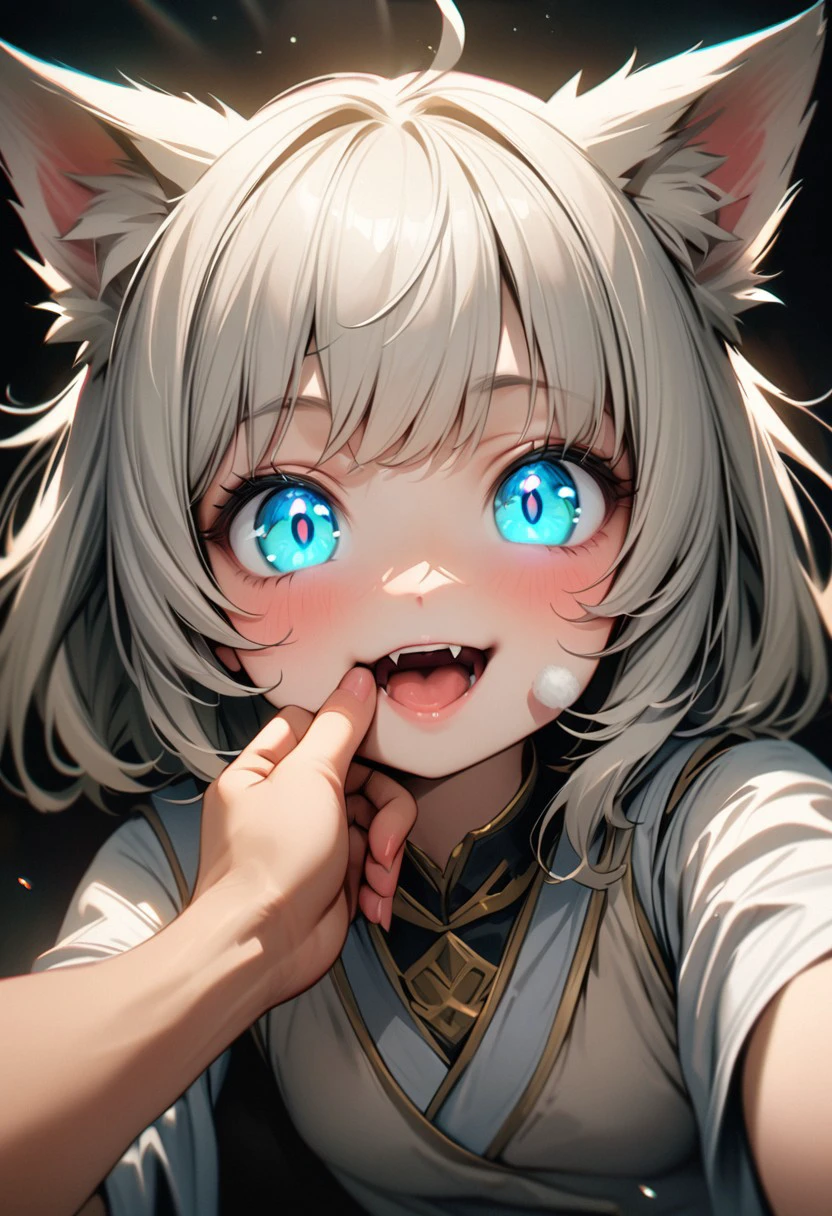 1girl,masterpiece, best quality, 1girl, senko-san miko, cute anime foxgirl, smile, closed mouth, 4k, 8k, masterpiece, ultra-detailed, ultra-realistic, detailed, absurdres, small breasts, single golden foxtail, (mimikaki), holding, holding a mimikaki,fiday, pov, pov hands, open mouth, finger in another's mouth,fangs
<lora:LoraSenkoSan_multisenkoV06:0.4>    <lora:fangInspectionDay_10AOM2 (1):1>, upper body,
masterpiece,best quality, aqua_eyes,  bright_pupils, dark background, gh resolution, high saturation , good anatomy,  sharped sightings ,  eye close-up, colourful eyes detailed beautiful eyes, medium shot, 70mm film, dramatic lighting, luminous eyes, immersed gaze, 
(glossy lips, fleshy lips, detailed lips),
(glowing eyes, very high resolution eyes, detailed round iris),  black detailed pupils,drawn picture, skin realistic:0.2 , detailed nosey,