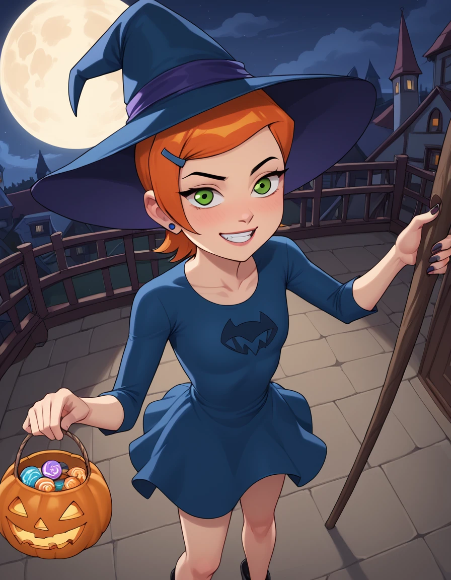 , halloween, wearing a witch costume, witch hat, witch dress, trick or treat, full moon, smiling, halloween candy, from above, POV, <lora:Gwen10XLP_V2:1> gwen10, 1girl