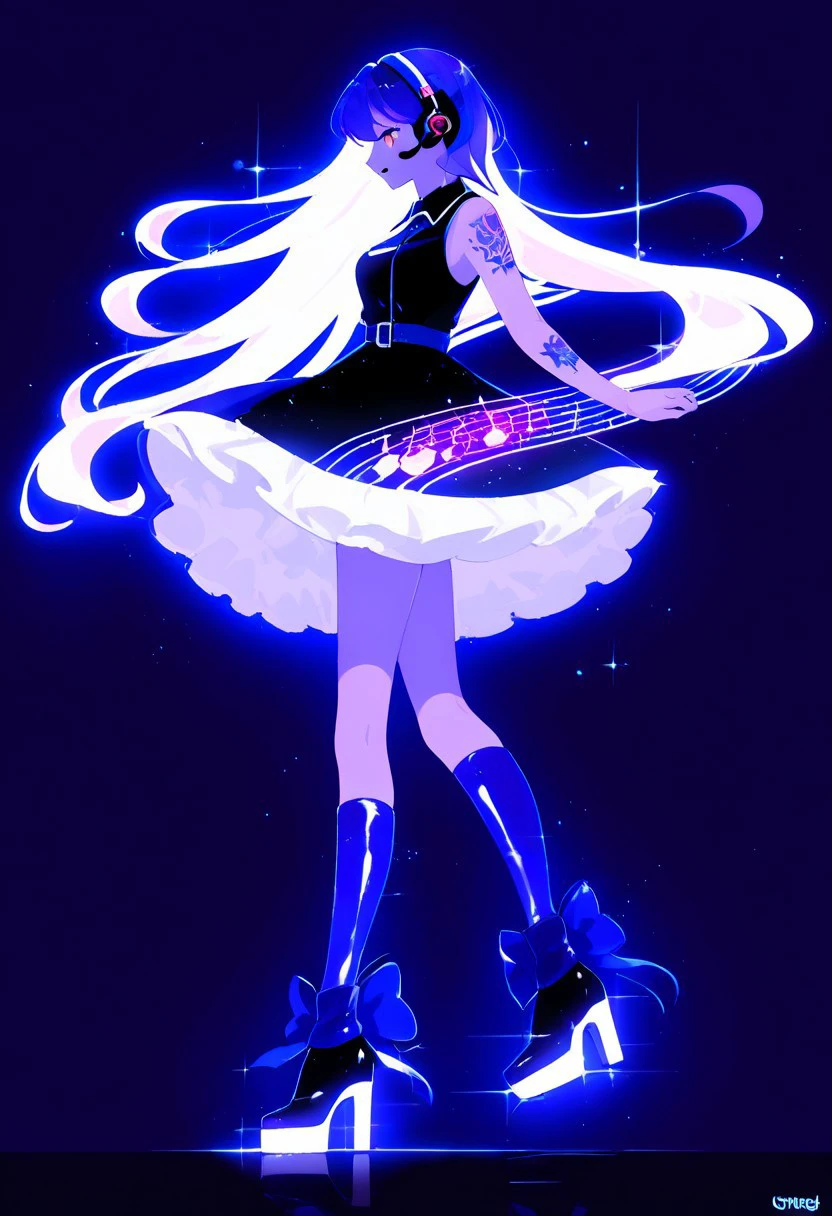 score_9, score_8, score_7, source_anime, ai-generated encore (meme), frilled dress, artist name, shoulder tattoo, blue theme, floating hair, high heel boots, platform footwear, profile, black shirt, headset