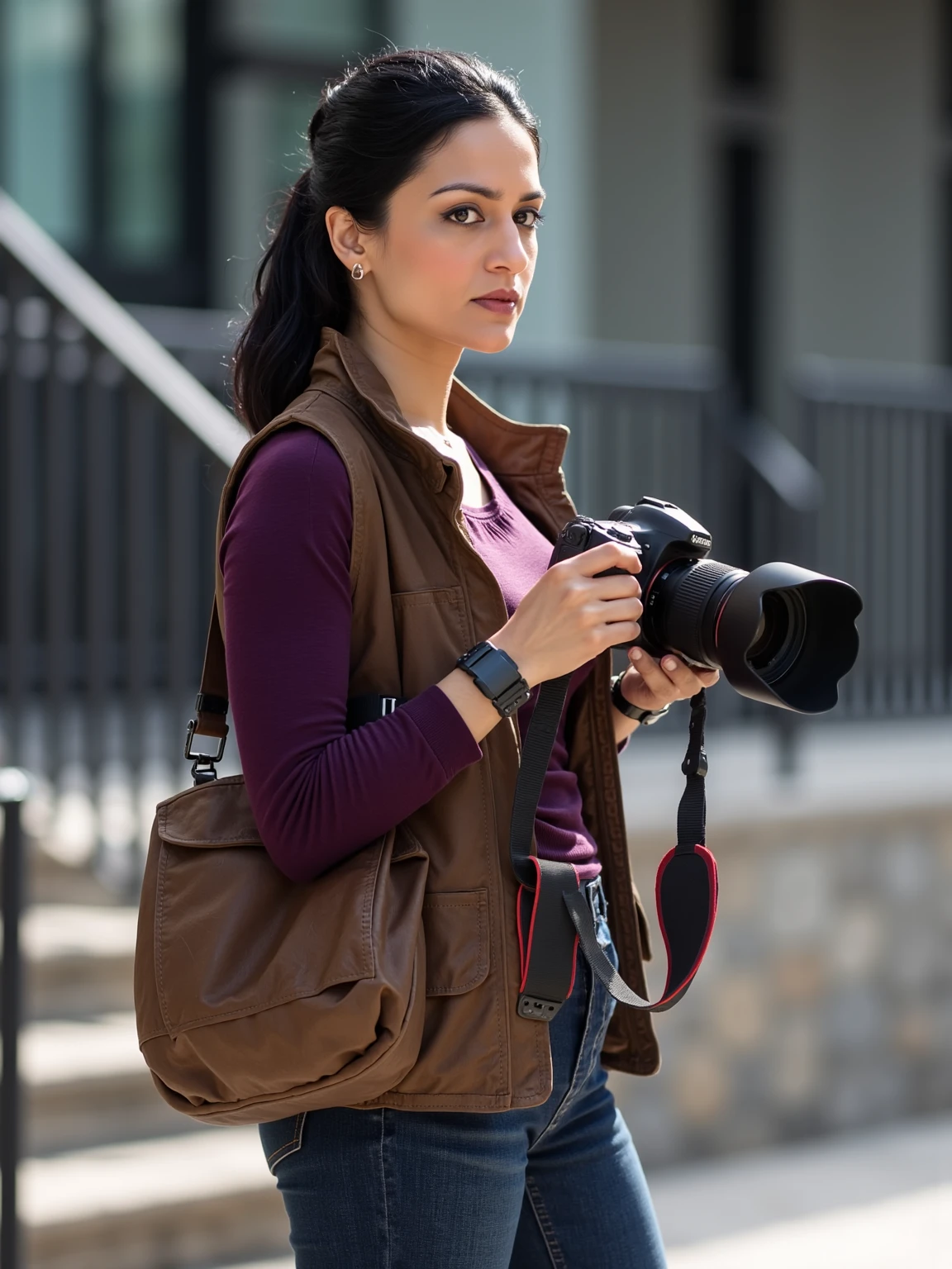 The image is a high-resolution photograph capturing a side view of ArchiePanjabi,  a woman standing outdoors, holding a professional DSLR camera with a large lens. She appears to be in her mid-30s, with a medium build and a light to medium skin tone. Her dark hair is styled in a neat, straight manner, pulled back from her face. She has a serious expression, with her gaze directed slightly off-camera. She is dressed in a casual yet practical outfit, consisting of a deep purple long-sleeved top under a brown leather vest, which is cinched at the waist. The vest has multiple pockets, suggesting it's designed for practical use. A black camera strap with red accents is draped over her shoulder, and she wears a black wristwatch on her left wrist. The background features a blurred, modern outdoor setting with a black metal railing and stone steps, indicating an urban environment, possibly a residential or commercial area. The lighting suggests it's daytime, with natural light illuminating her face and the scene.
 <lora:Archie-Panjabi_flux1D_LOREVER:1>