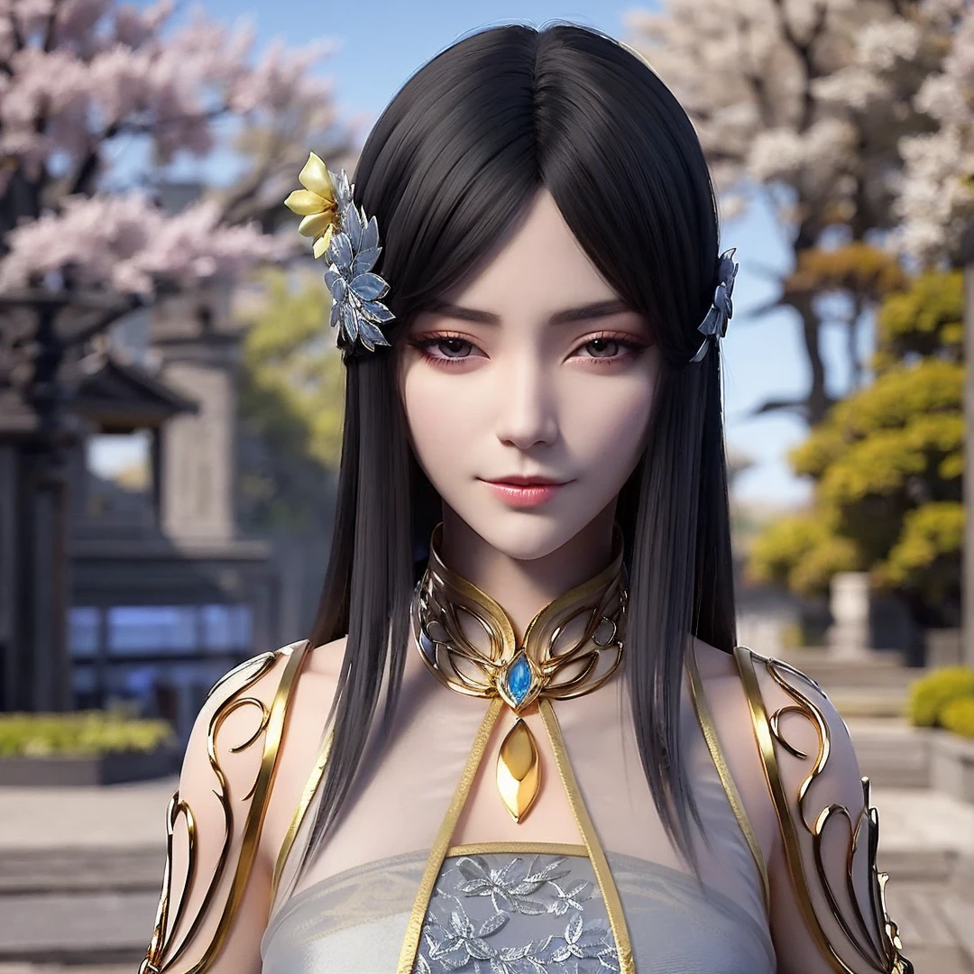 1girl,solo,long hair,black hair,hair ornament,hair flower,brown eyes,dress,looking at viewer,outdoors,nature,(flower),cherry blossoms,romance,fantasy,scenery,3d,Highly detailed,(ultra-detailed),(best quality,masterpiece:1.5),<lora:liufei:0.7>,