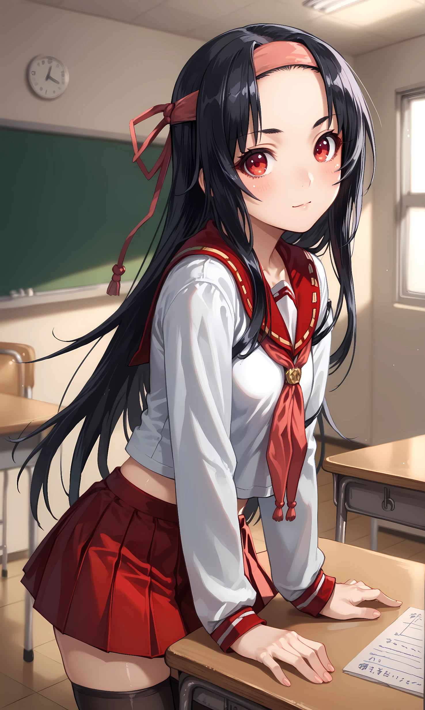 score_9, score_8_up, score_7_up, source_anime, 1girl, solo, indoors, classroom, cowboy shot,  looking at viewer, shiny skin, sanada_yukimura, red eyes, black hair, long hair, low twintails, hair ribbon, headband,  school uniform, white shirt, long sleeves, red serafuku, red neckerchief, red skirt, pleated skirt, stockings