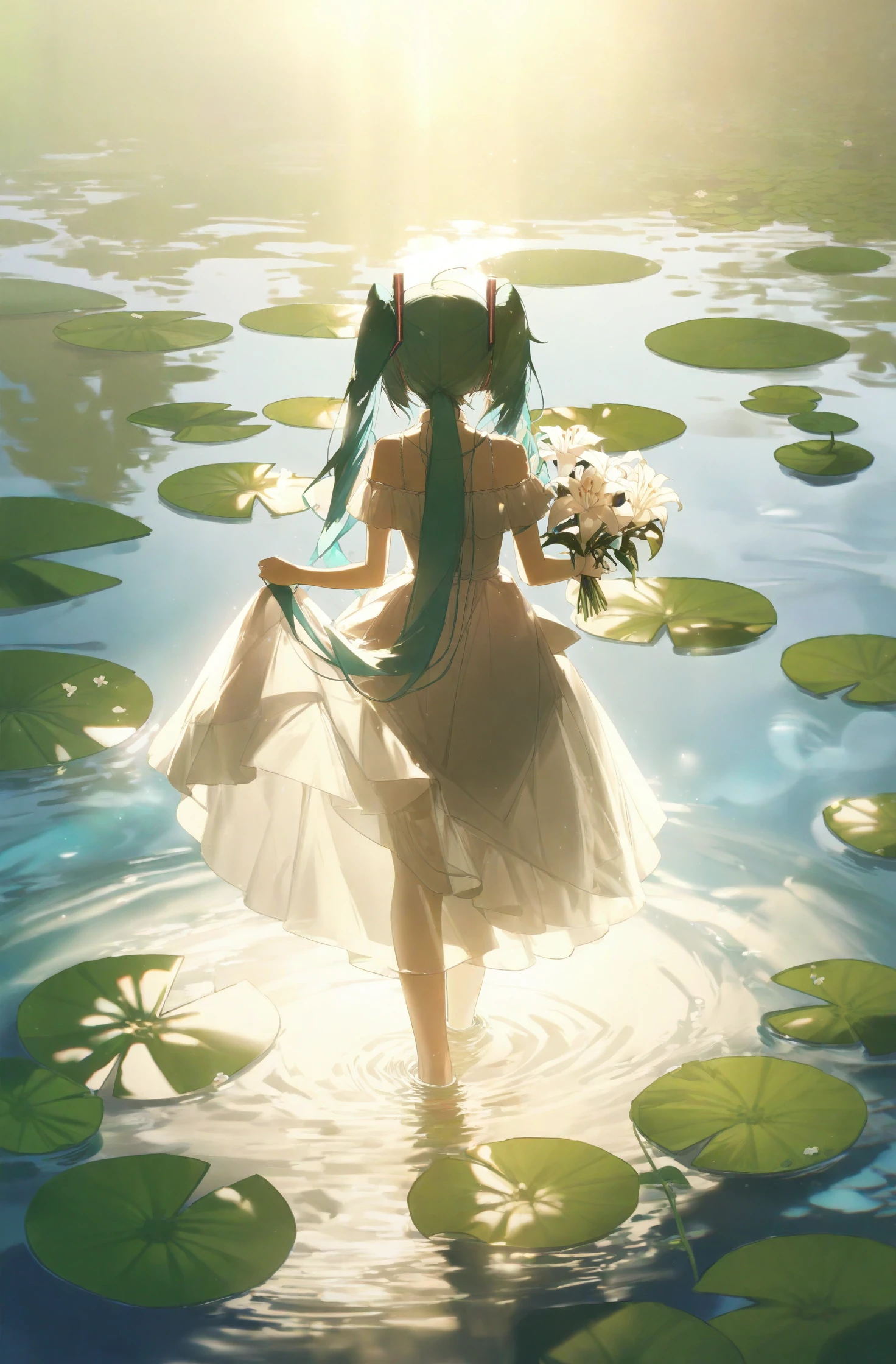 masterpiece, best quality, illustration, konya karasue, 1girl, hatsune miku, solo, long hair, dress, twintails, very long hair, flower, white dress, holding, off-shoulder dress, white flower, holding flower, water, bare shoulders, backlighting, wading, aqua hair, off shoulder, lily pad, from behind, sunlight