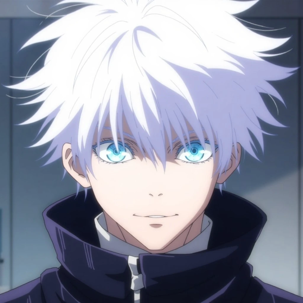 This is a digital illustration in an anime style, featuring a young male character with an intense and focused expression. He has an androgynous appearance with pale skin and striking, strikingly bright blue eyes that stand out vividly against his white hair, which is tousled and somewhat messy. The boy's hair is styled in a chaotic, voluminous manner, giving him a youthful, anime aesthetic. His eyes are the primary focal point, with an otherworldly glow, adding a dramatic effect to his gaze.